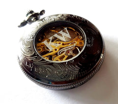 Black Hand Wind Pocket Watch with Chain