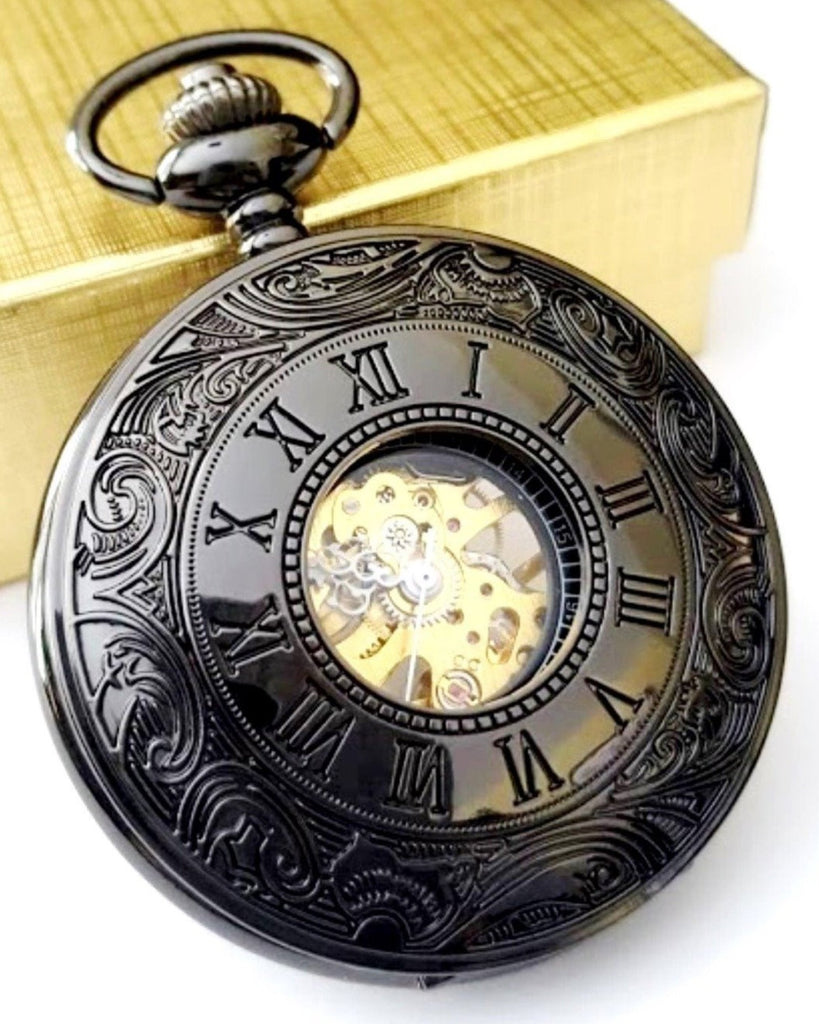 Black Hand Wind Pocket Watch with Chain