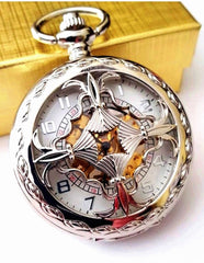 Silver Celtic Pocket Watch with Chain Arabic Numerals CLEARANCE