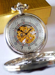 Silver Celtic Pocket Watch with Chain Arabic Numerals CLEARANCE