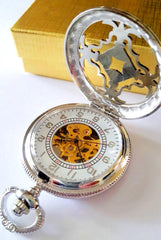 Silver Celtic Pocket Watch with Chain Arabic Numerals CLEARANCE