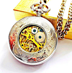 Silver Celtic Pocket Watch with Chain Arabic Numerals CLEARANCE