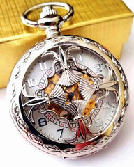 Silver Celtic Pocket Watch with Chain Arabic Numerals CLEARANCE